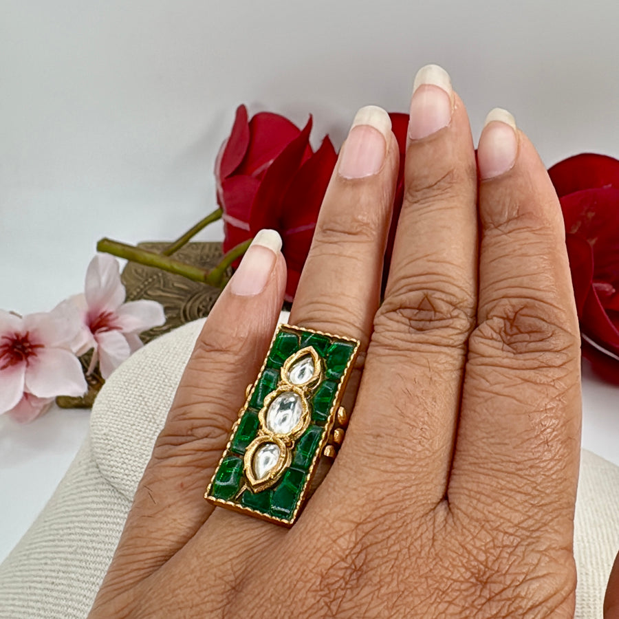 Green Long Meenakari Moissanite Adjustable Finger Ring