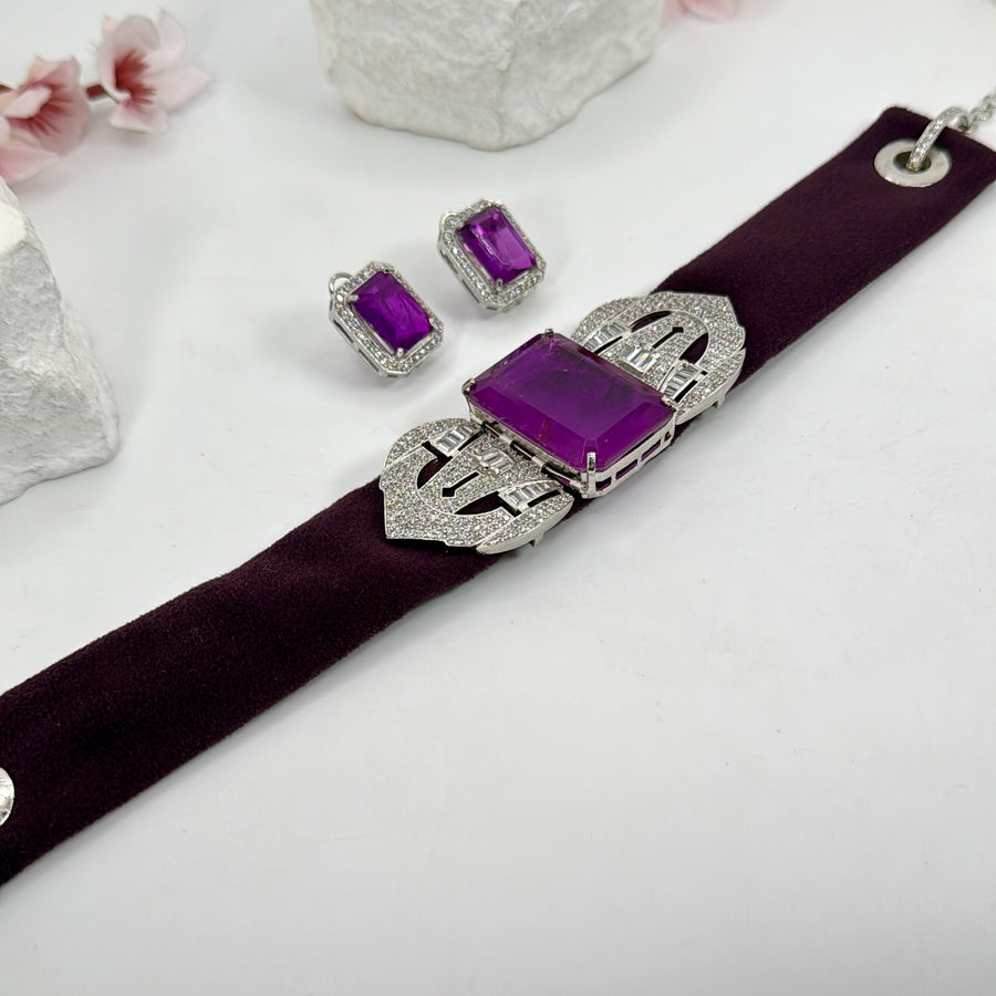 Purple Doublet American Diamonds Cubic Zirconia Velvet Choker Necklace Set
