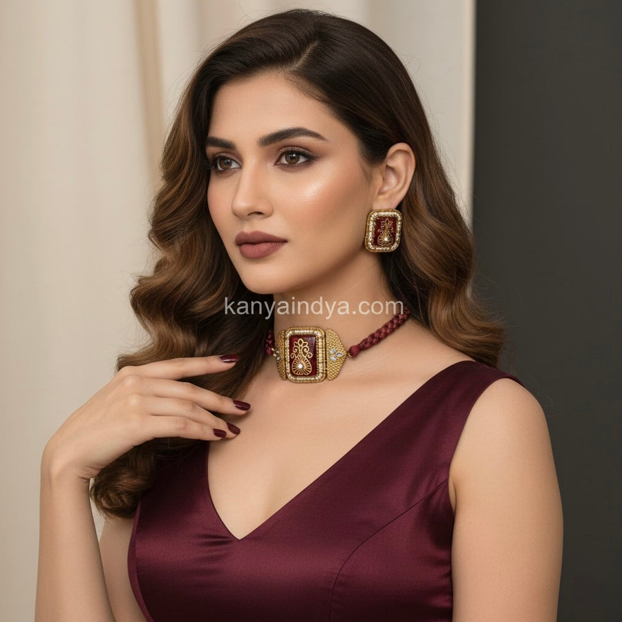 Ruby Apala Inspired Glass Stone With Inlay Work Dori Choker Necklace Set