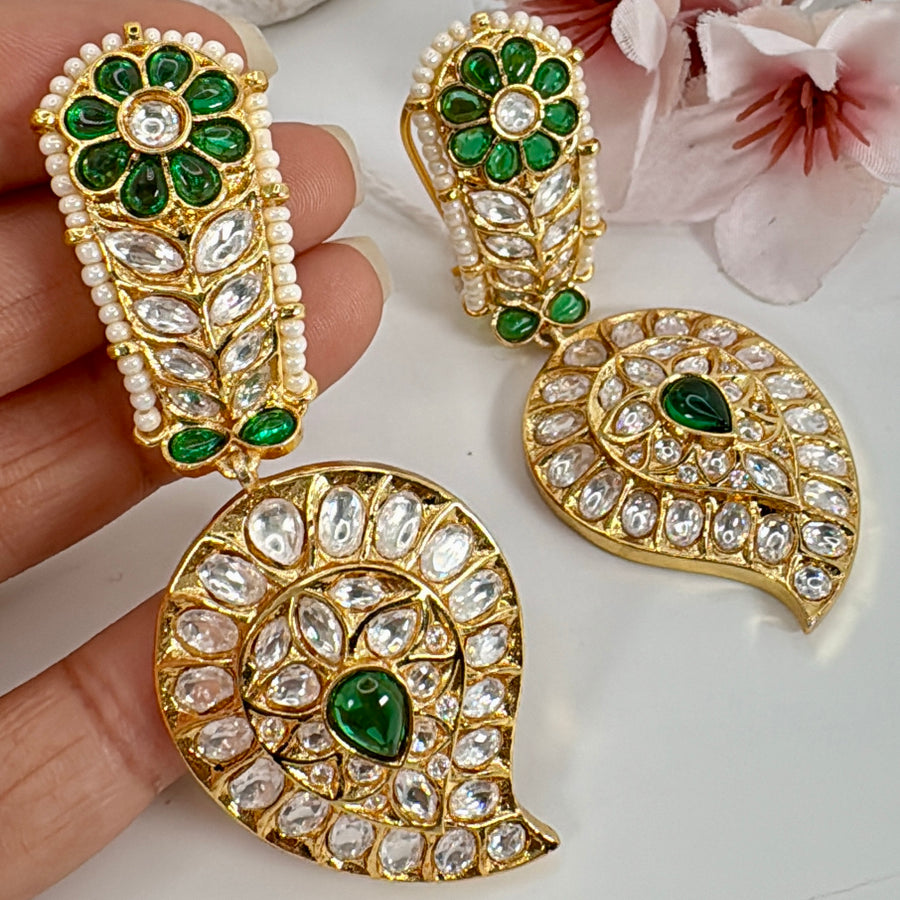 Green Paachi Kundan Statement Earrings