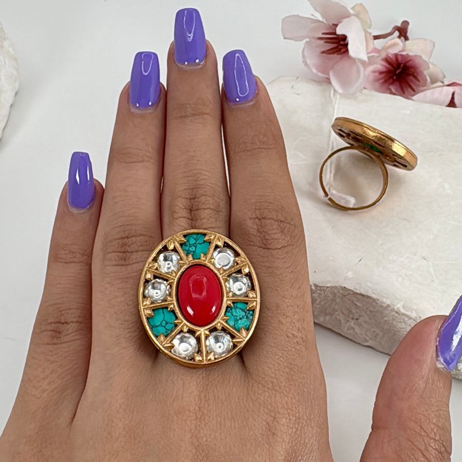Turquoise Multi Jadau Adjustable Finger Ring