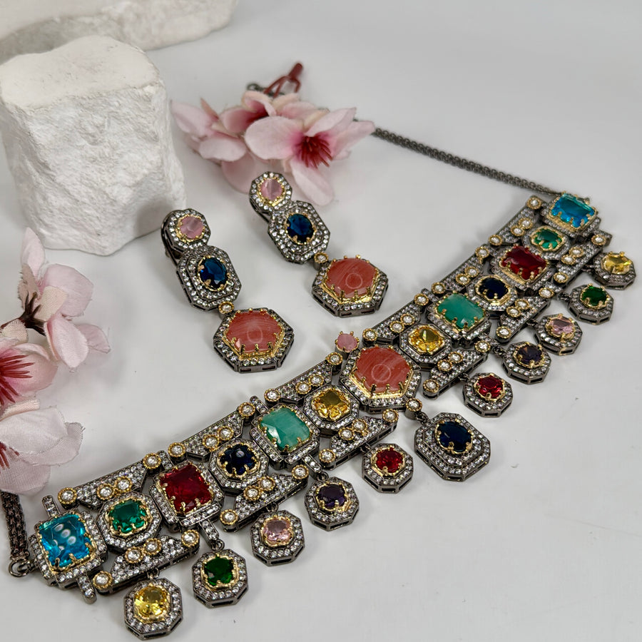 Multi Marble Stone & American Diamonds Sabya Inspired Choker Necklace Set