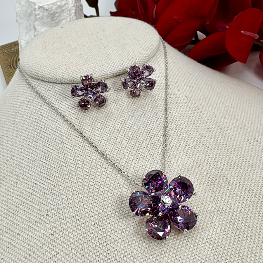 Purple Italian Cubic Zirconia Flower Pendant Necklace Set