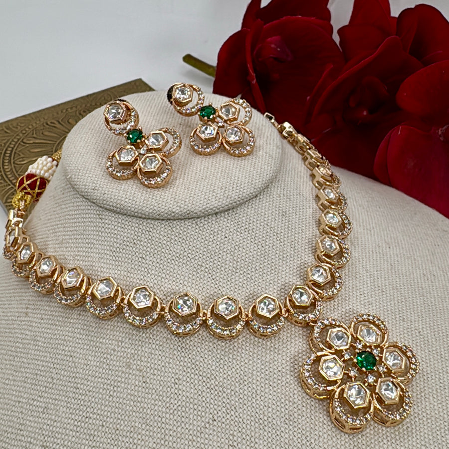 Green Polki Kundan Dainty Necklace Set