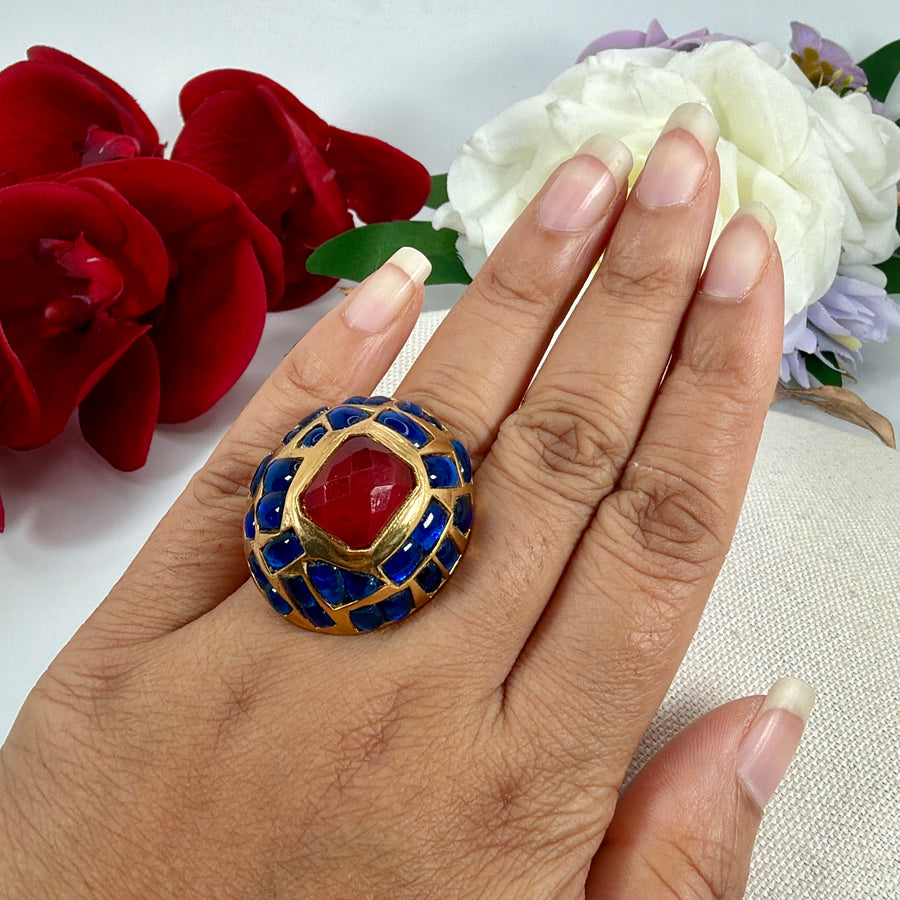 Ruby Blue Jadau Adjustable Finger Ring