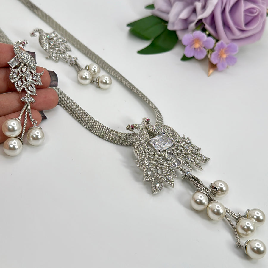 Clear AAA Cut Cubic Zirconia Pearl Pendant Necklace Set