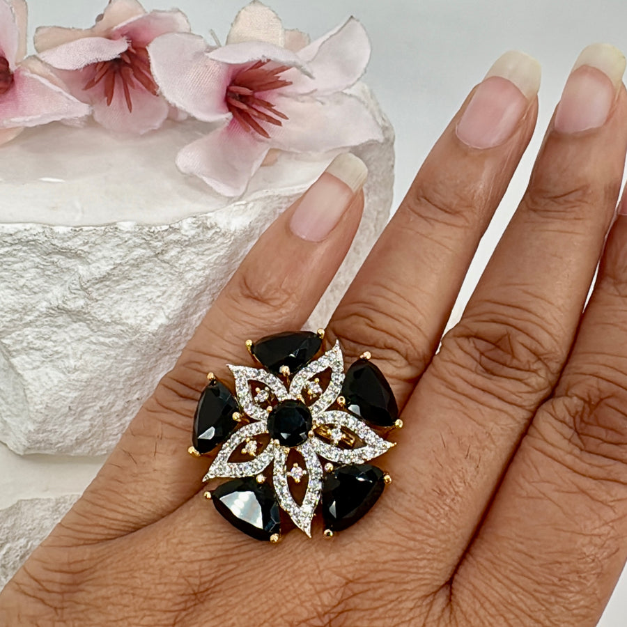 Black Cubic Zirconia American Diamonds Gold Plated Adjustable Finger Ring