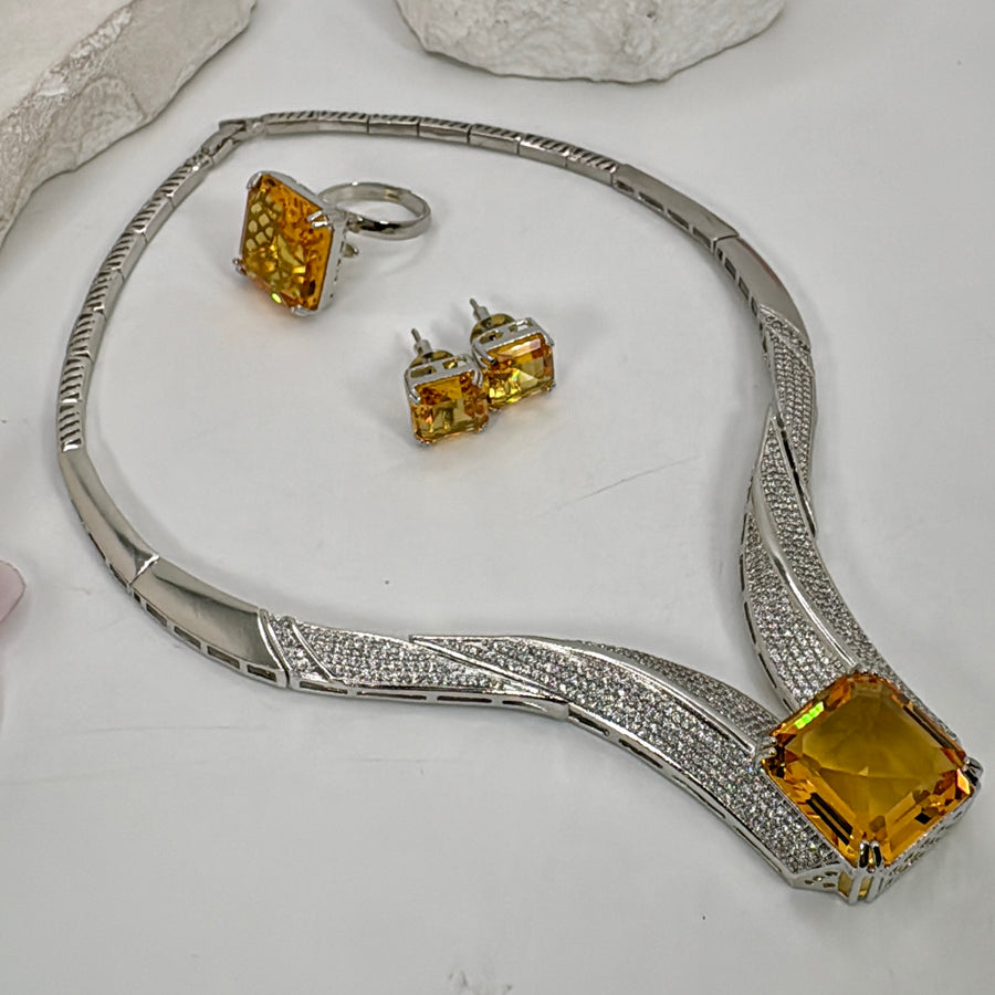 Yellow Cubic Zirconia American Diamonds Combo Necklace Set With Adjustable Finger Ring