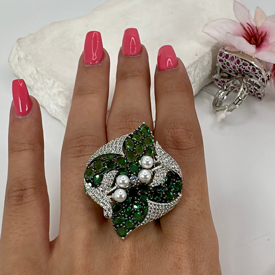 Green Invisible Setting American Diamonds Cubic Zirconia & Pearls Adjustable Finger Ring