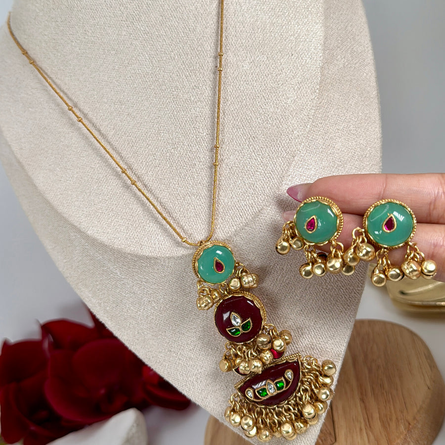 Mint Ruby Silver Lookalike Gold Pendant Necklace Set