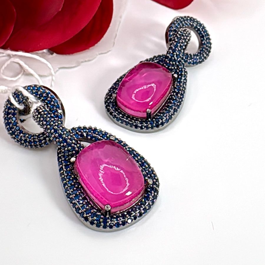Hot Pink Doublet & Blue Invisible Setting Earrings