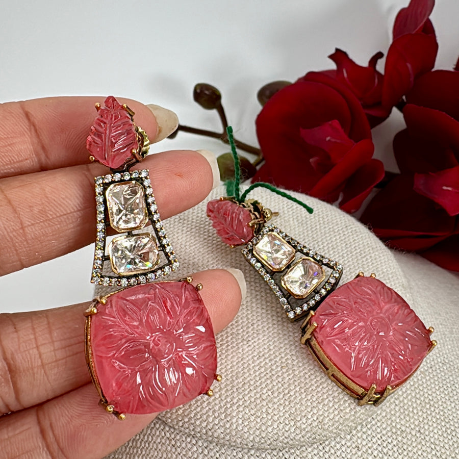 Pink Carved Doublet & Moissanite Earrings