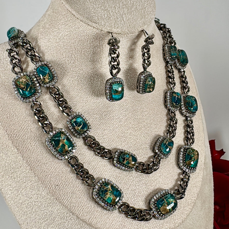 Blue Marble Stone Two Layer Necklace Set