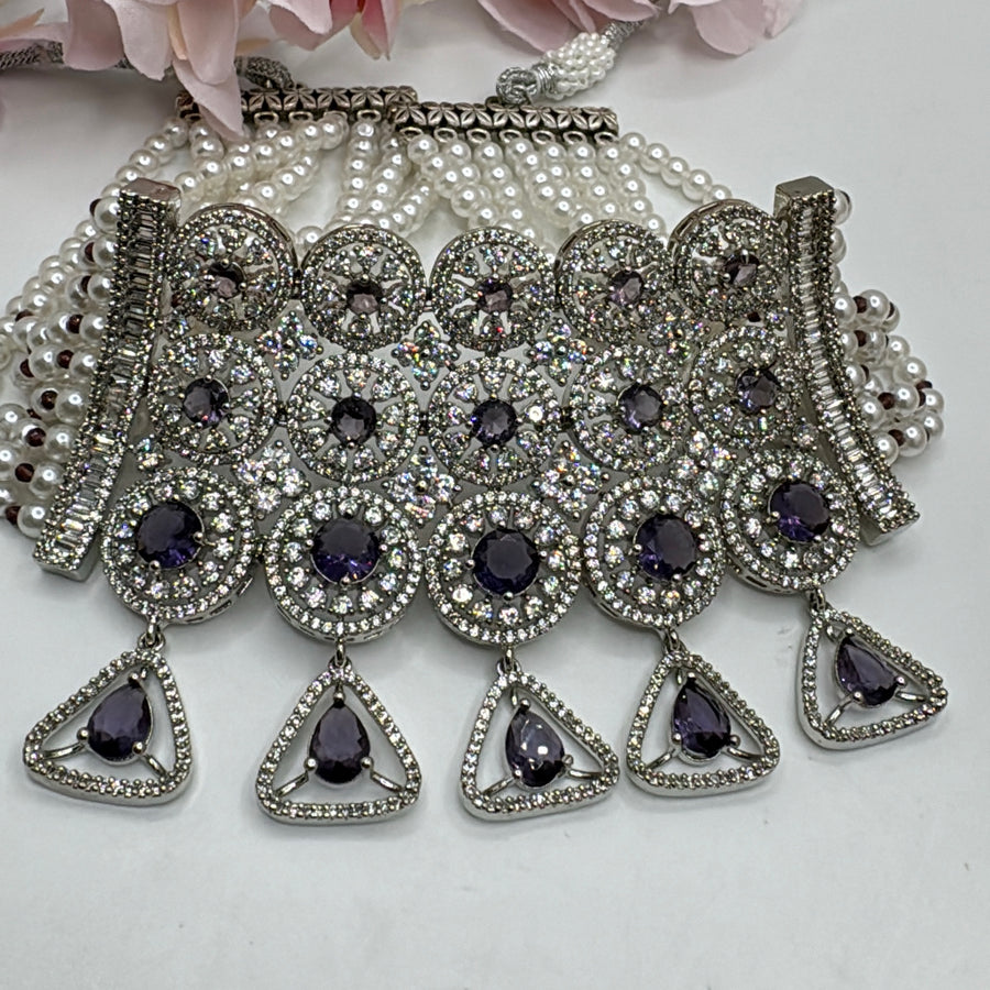 Purple Amethyst American Diamonds & Pearls Statement Choker Set