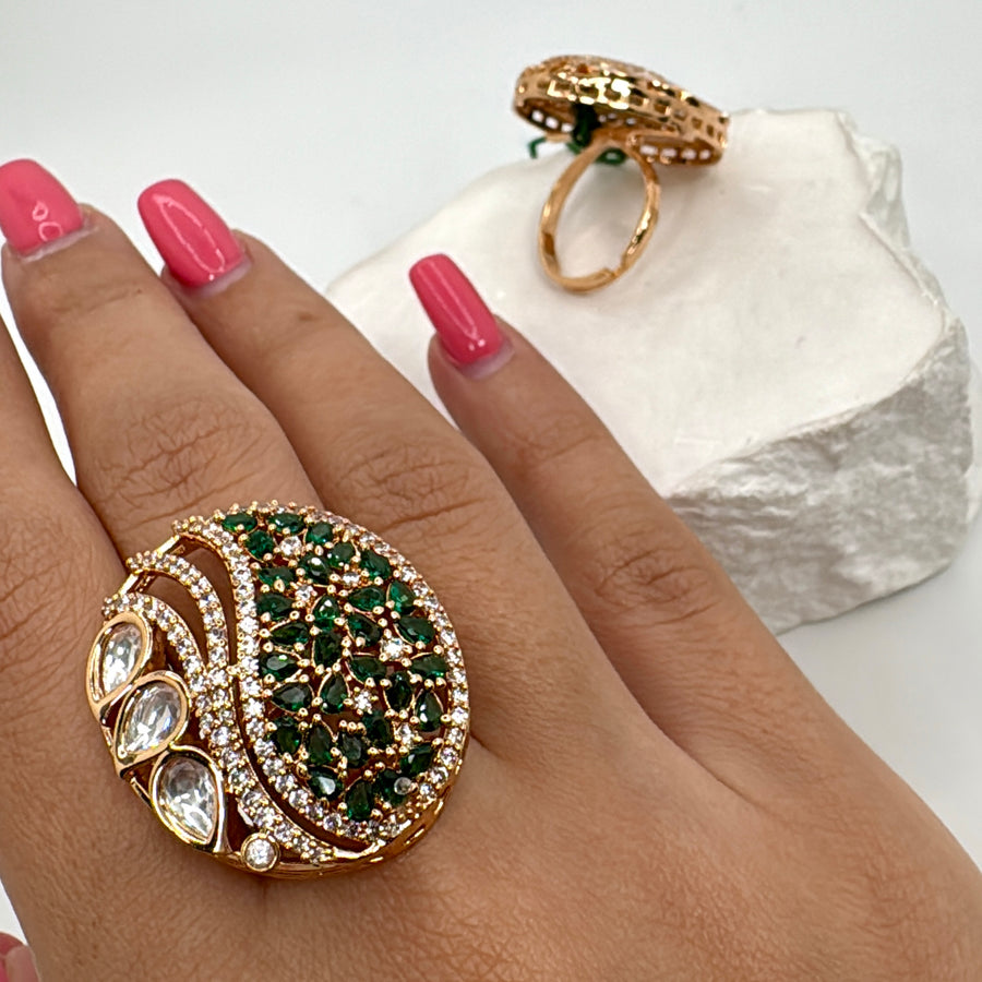 Green Invisible Setting Polki Kundan Adjustable Finger Ring