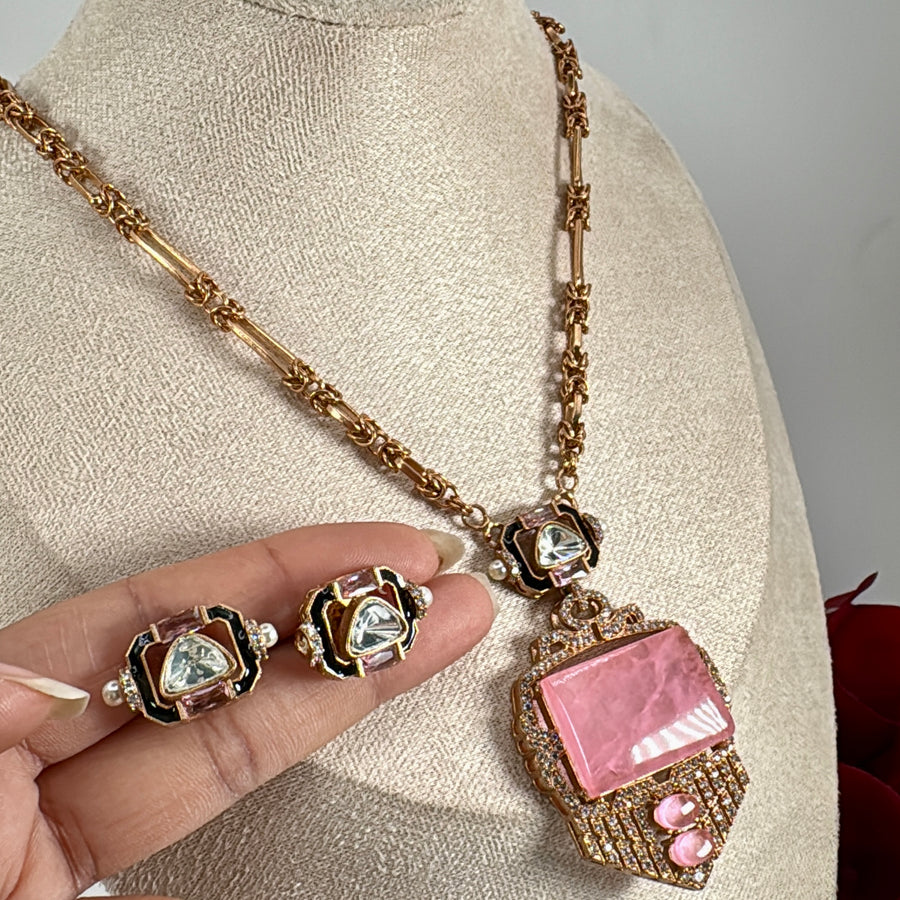 Pink Doublet Pendant Necklace Set