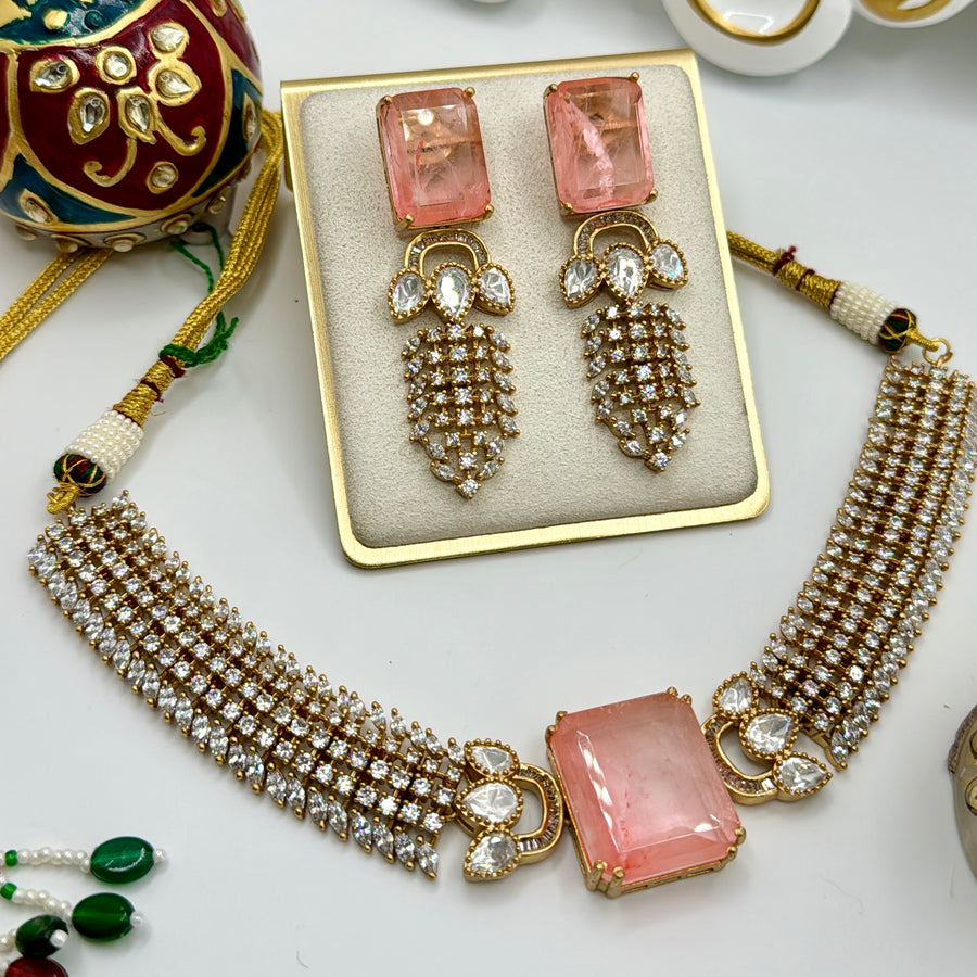 Peach Doublet American Diamonds & Moissanite Kundan Necklace Set