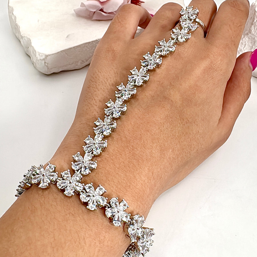 Clear American Diamonds Cubic Zirconia Flower Adjustable Finger Bracelet