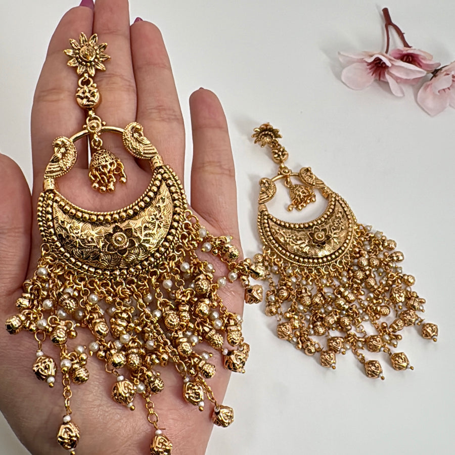 Clear Antique Gold Kareena Kapur Inspired Statement Chand Bali Earrings