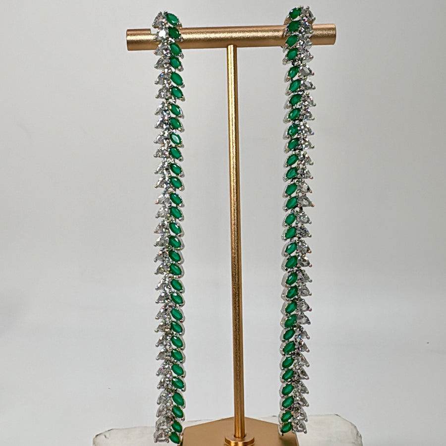 Green AAA Cut Cubic Zirconia Rhodium Plated Long Lightweight Earrings (Approx.Length 4.5 inches)