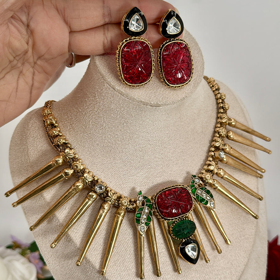 Red Multi Doublet Moissanite Silver Lookalike Gold Chic Necklace Set