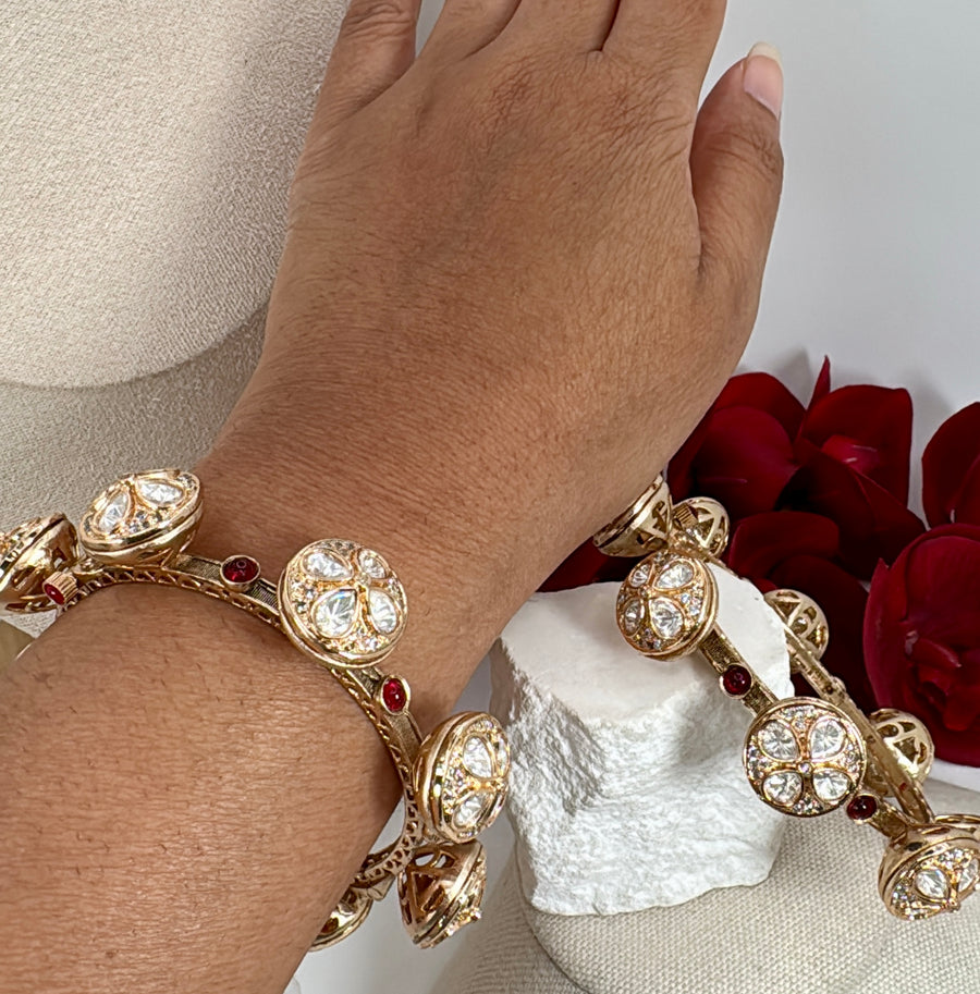 Clear Ruby Polki Kundan Pacheli Openable Bangle Pair(Size 2.6)