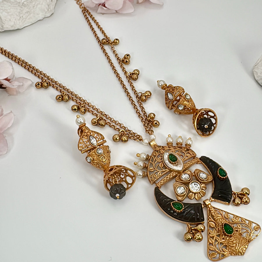 Green Silver Lookalike Gold Apala Inspired Long Necklace Set