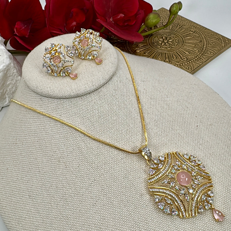 Pink AAA Cut Cubic Zirconia 24 Carat Gold Plated Pendant Necklace Set
