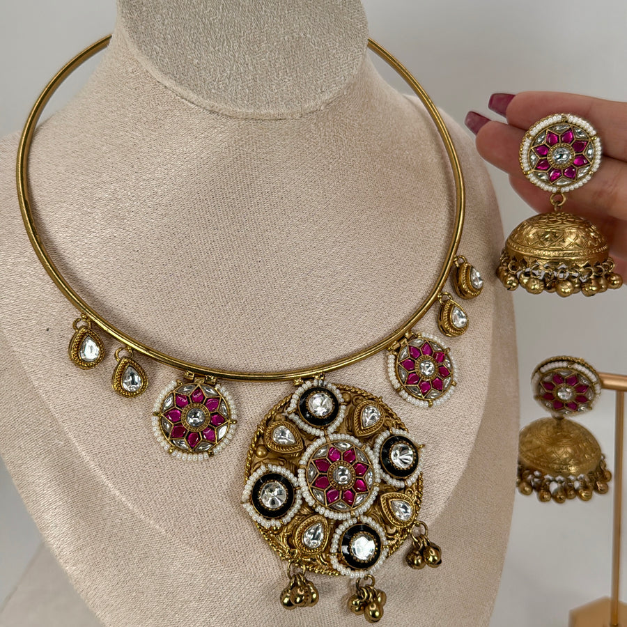 Ruby Multi Silver Lookalike Hasli Necklace Set With Paachi Motifs