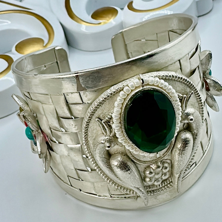 Green & Multi Crystal Silver Lookalike Cuff Bracelet(One Size Fits All)