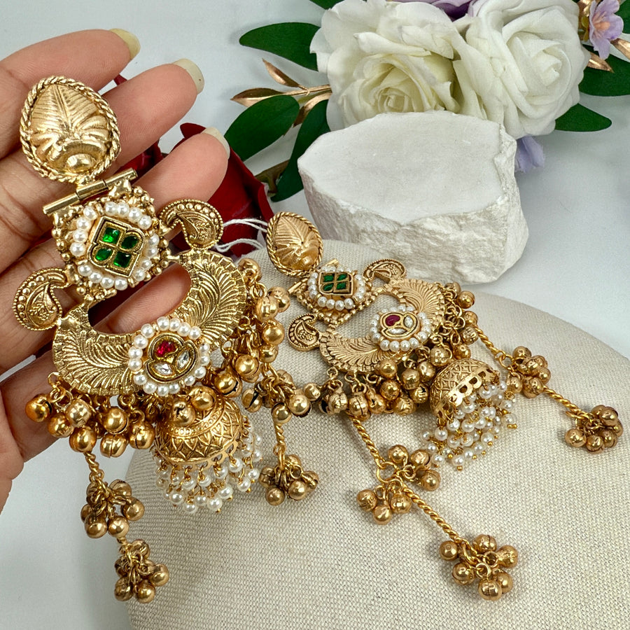 Green Paachi Silver Lookalike Gold Kashmiri Jhumka Earrings