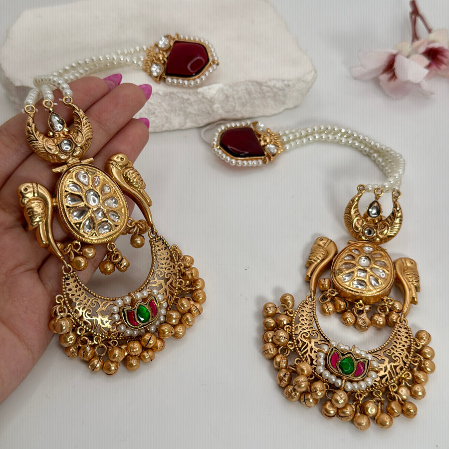 Ruby Silver Lookalike Gold with Pear Earchain Chand Bali Earrings