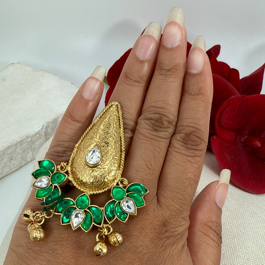 Green Jadau Silver Lookalike Gold Adjustable Finger Ring