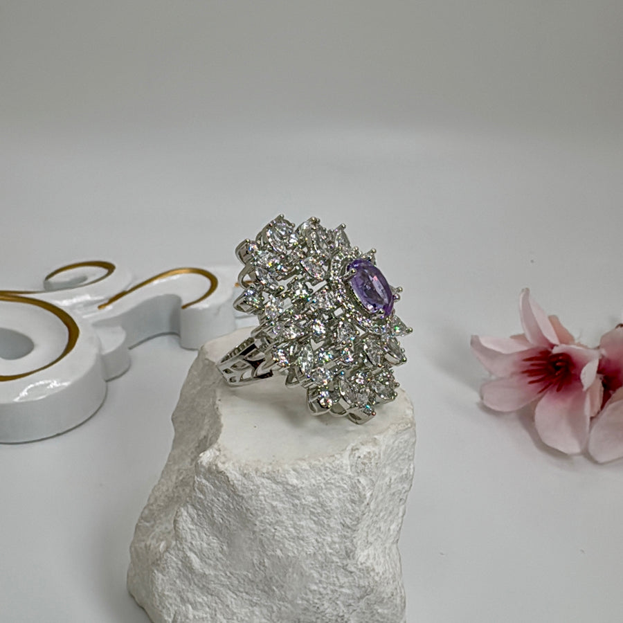 Lilac Purple American Diamonds CZ Adjustable Cocktail Finger Ring