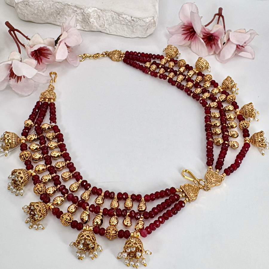 Ruby Pearl & Gold Drops Jhumka Ear Chain