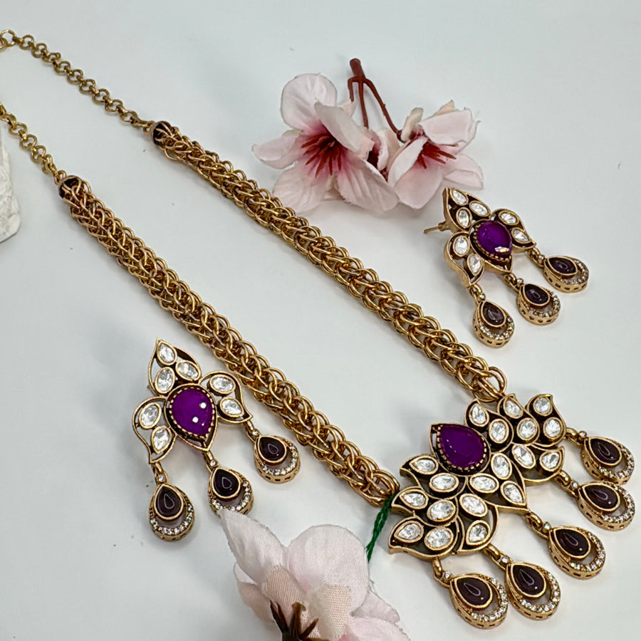 Purple Moissanite Kundan Necklace Set