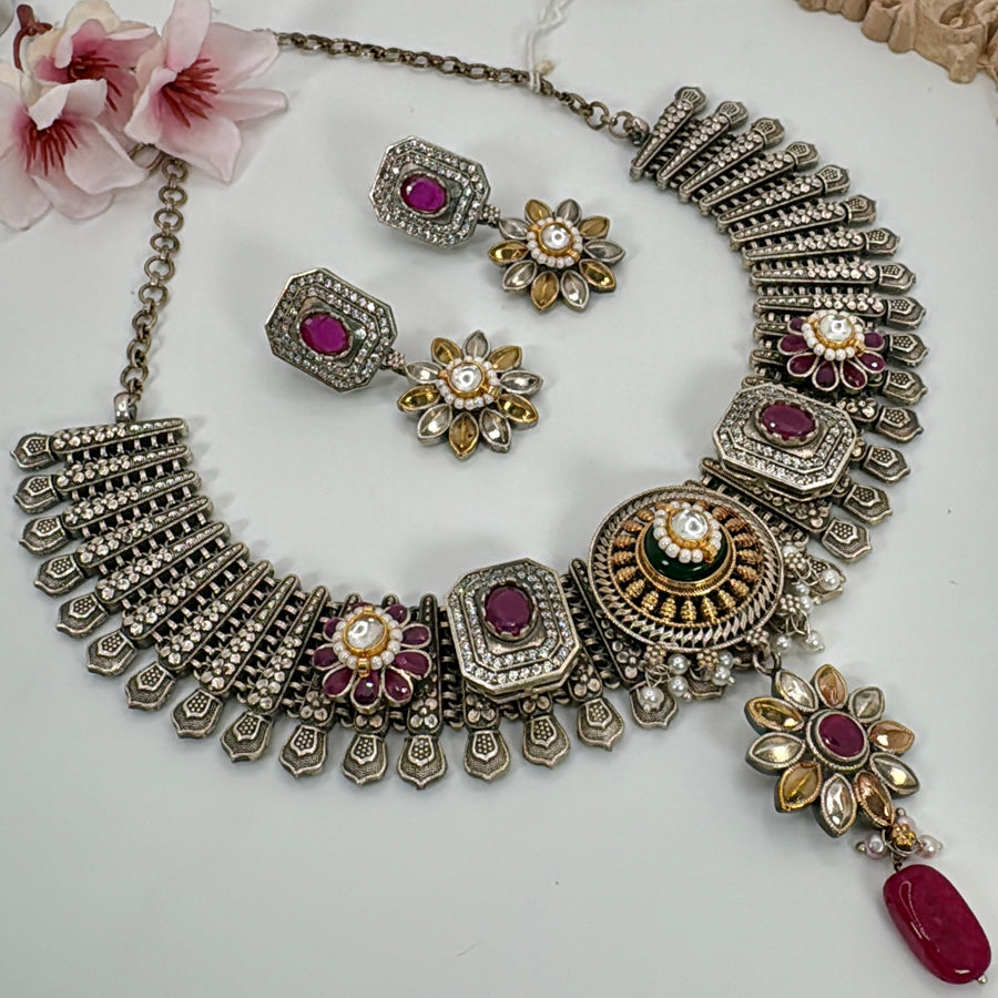 Ruby Dual Tone Silver Lookalike Gold Necklace Set