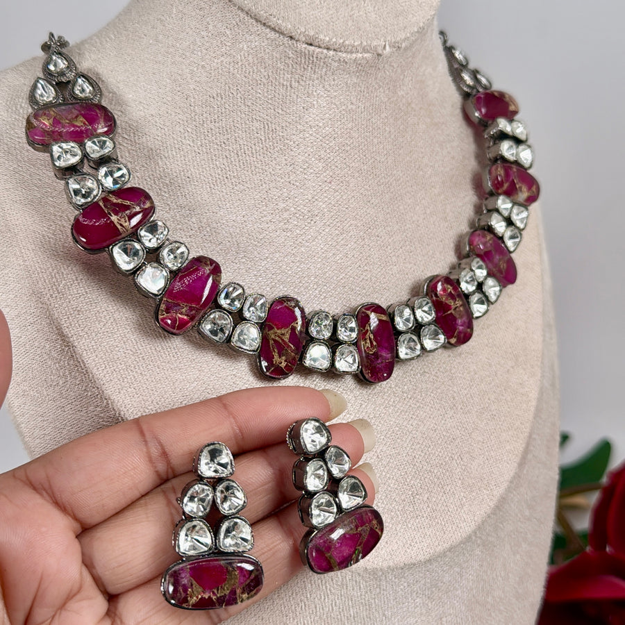 Ruby Marble Doublet & Moissanite Victorian Polish Necklace Set