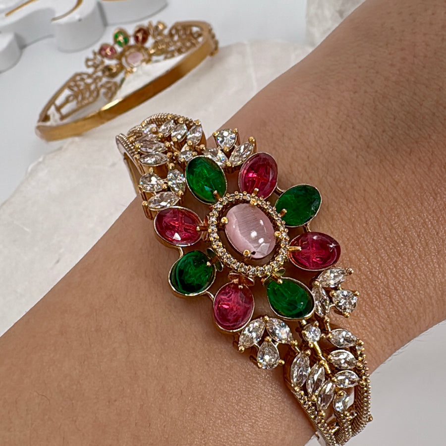 Ruby & Green Stone American Diamonds Openable Bangle(Fits Size 2.2-2.6)