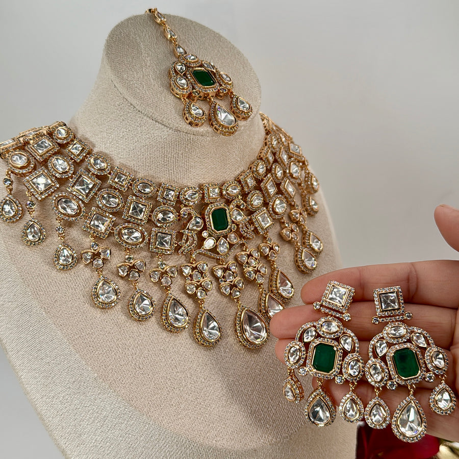 Green Polki Kundan Statement Bridal Necklace Set