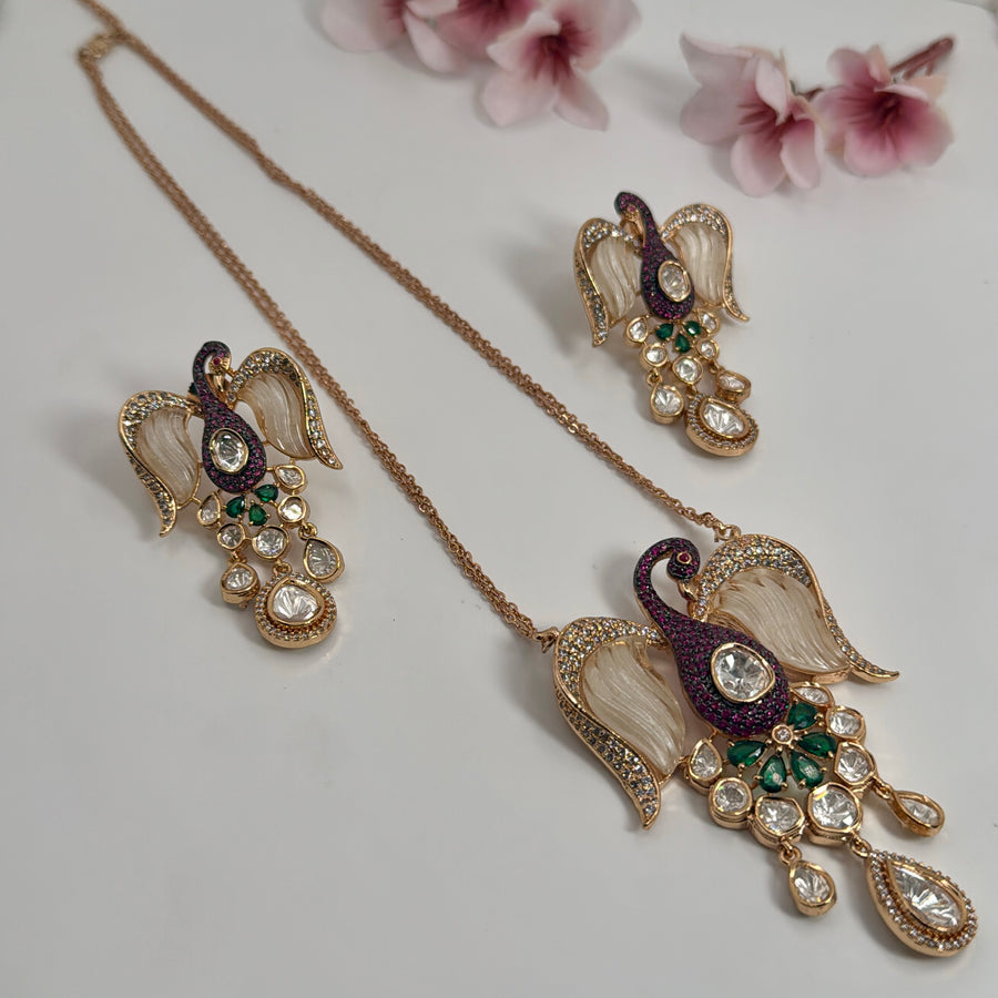 Ruby MOP Moissanite Bird Necklace Set