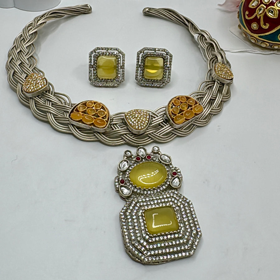 Yellow Silver Lookalike Fusion Hasli Set