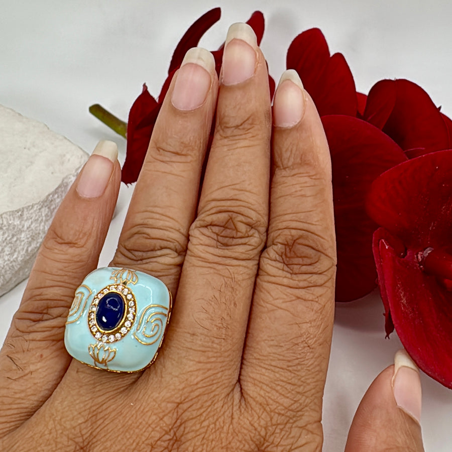 Blue Enamel Adjustable Finger Ring