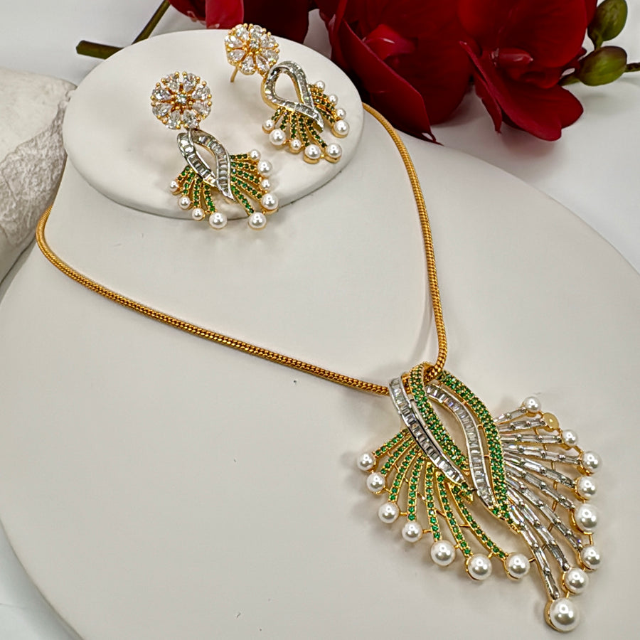 Green Invisible Setting Cubic Zirconia Gold Pendant Necklace Set