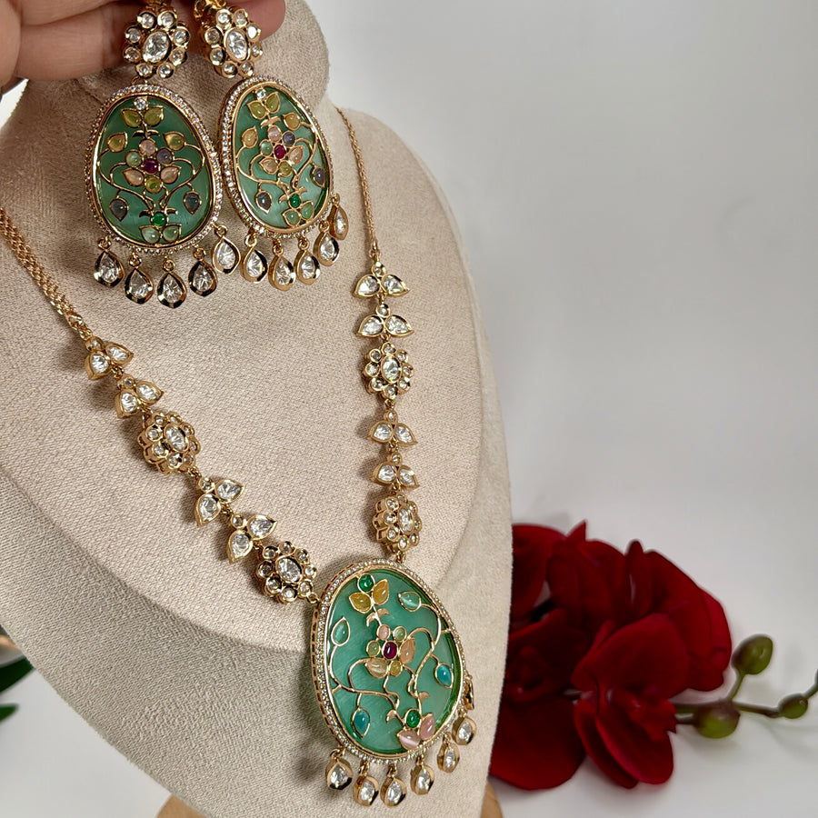 Mint Glass Stone With Inlay Work Polki Kundan Necklace Set