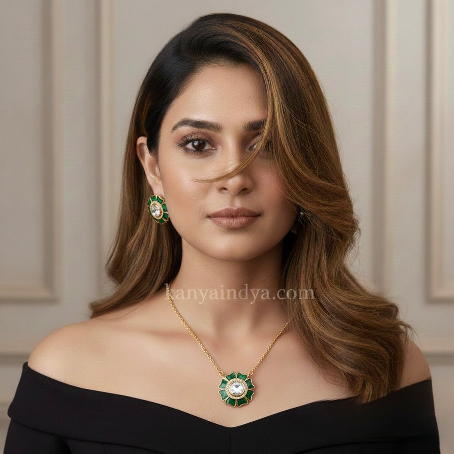 Green Jadau Moissanite Pendant Necklace Set