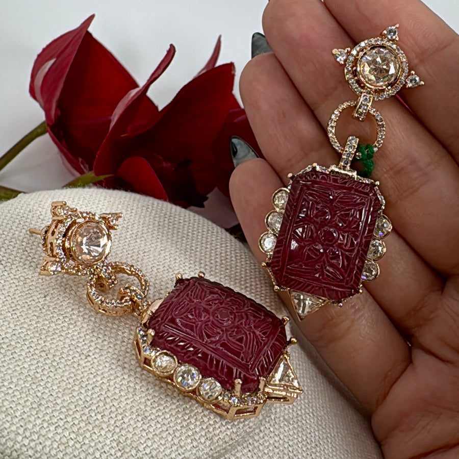 Ruby Carved Doublet Moissanite Earrings