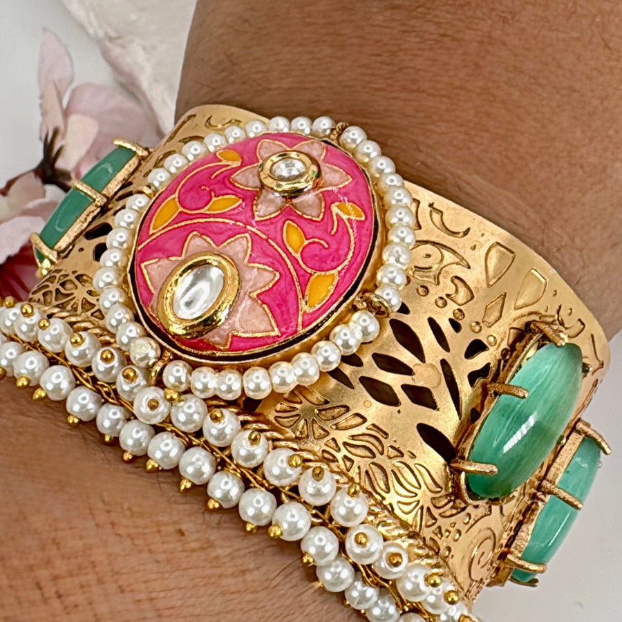 Pink Meenakari Silver Lookalike Gold Cuff Bangle