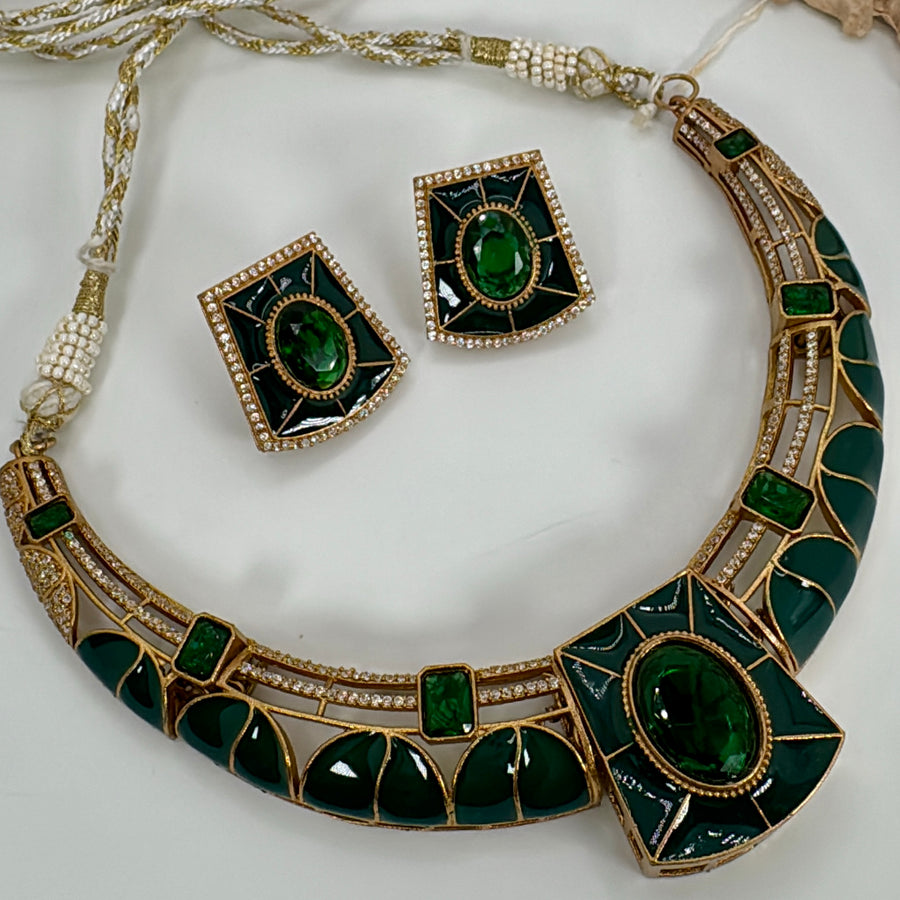 Green Enamel Meenakari Silver Lookalike Gold Hasli Necklace Set