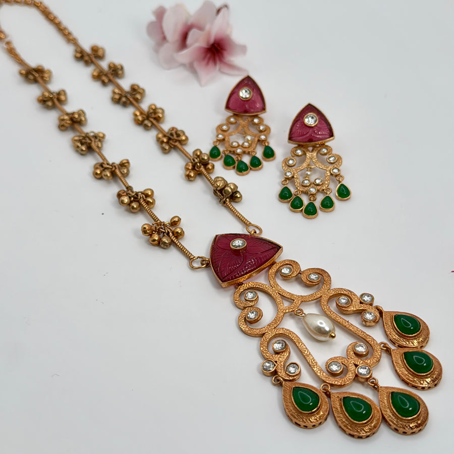 Ruby & Green Silver Lookalike Gold Long Necklace Set